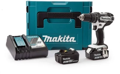 Makita DHP482RFWJ Combi Drill (Black and White Edition) 18 V with 2 x 3.0 Ah Batts and DC18RC Charger in a MakPac Case