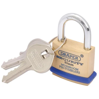 Draper 30mm Solid Brass Padlock and 2 Keys with Mushroom Pin Tumblers Hardened Steel Shackle and Bumper