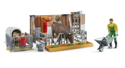 bruder cow and calf barn with farmer 5