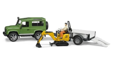 land rover defender with trailer cat and man 1
