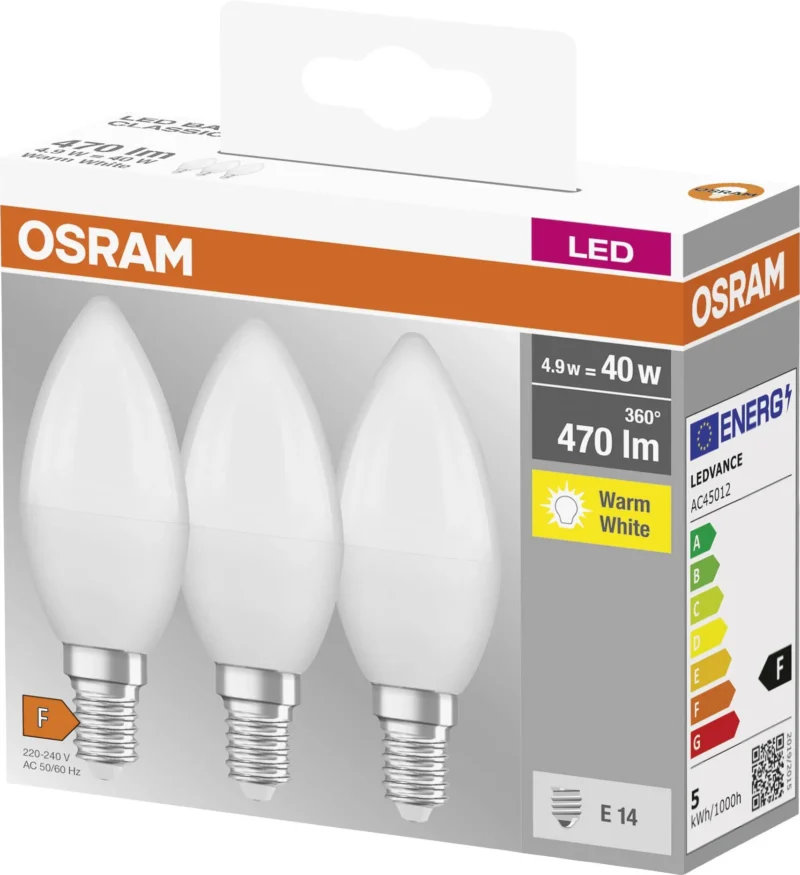 osram 4052899955509 led monochrome eec f a g e14 candle shape 4.9 w 40 w warm white o x l 38 mm x 105 mm 3 pc 2