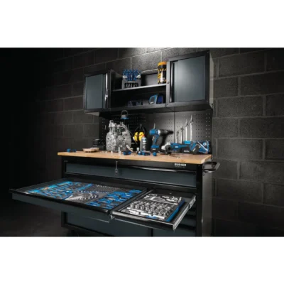 Alternative view of BUNKER 56" Mobile Workstation with 10 Drawers, Hardwood Worktop, and Pegboards - Grey